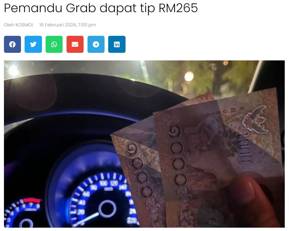 Pemandu Grab Dapat Tips Rm265